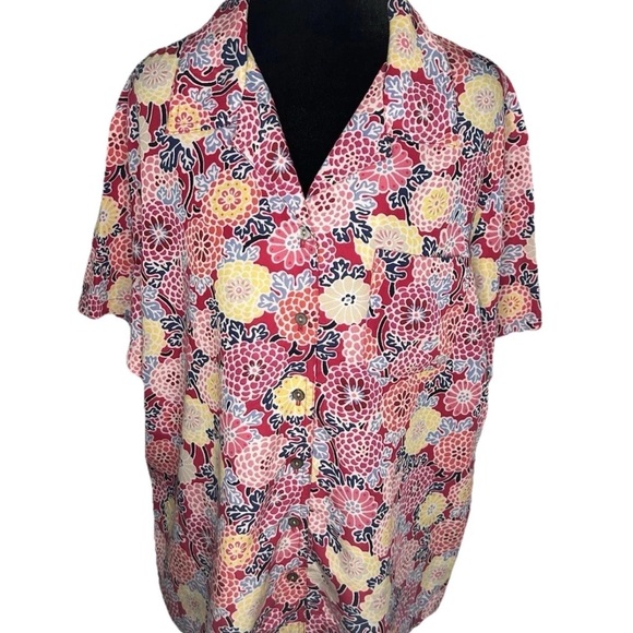 Crazy Horse / Liz Claiborne Tops - Crazy horse Liz‎ Claiborne Y2K floral colorful short sleeve button up blouse XL